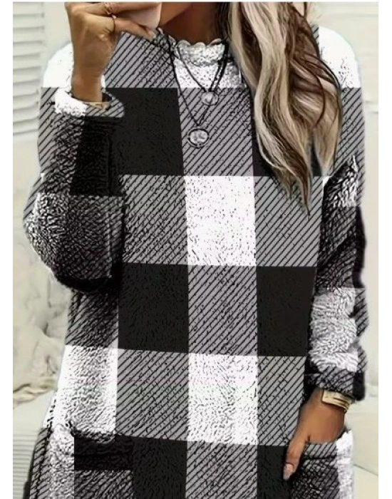 Kadın Uzun Kollu Yarı Balıkçı Yakalı Cep Detaylı Ekoseli Dokuma Tunik