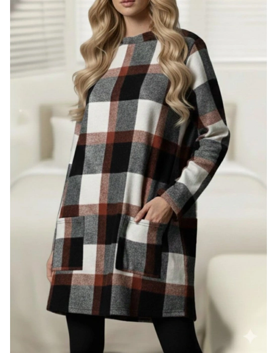 Kadın Uzun Kollu Yarı Balıkçı Yakalı Cep Detaylı Ekoseli Dokuma Tunik