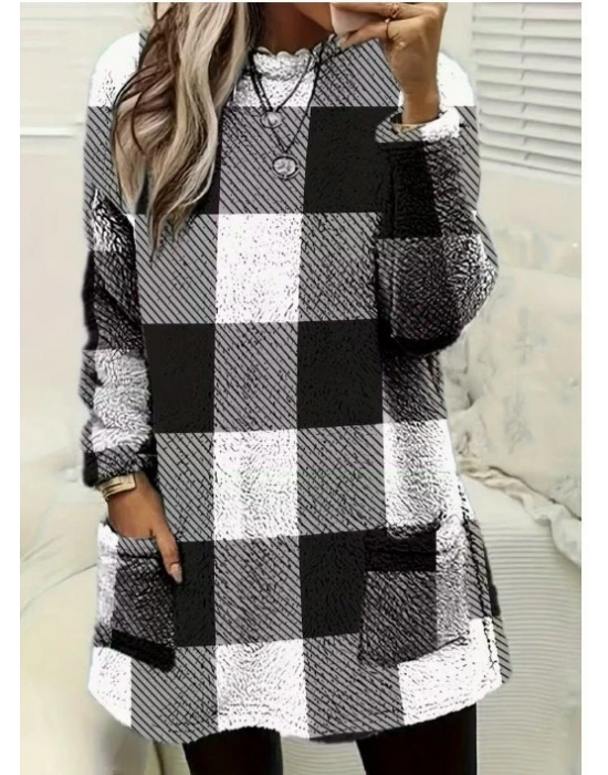 Kadın Uzun Kollu Yarı Balıkçı Yakalı Cep Detaylı Ekoseli Dokuma Tunik