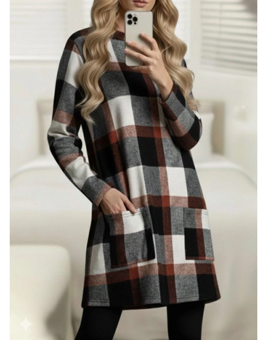 Kadın Uzun Kollu Yarı Balıkçı Yakalı Cep Detaylı Ekoseli Dokuma Tunik