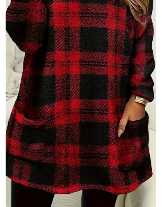 Kadın Uzun Kollu Yarı Balıkçı Yakalı Cep Detaylı Ekoseli Dokuma Tunik