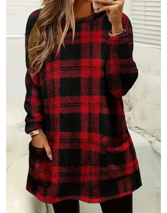 Kadın Uzun Kollu Yarı Balıkçı Yakalı Cep Detaylı Ekoseli Dokuma Tunik