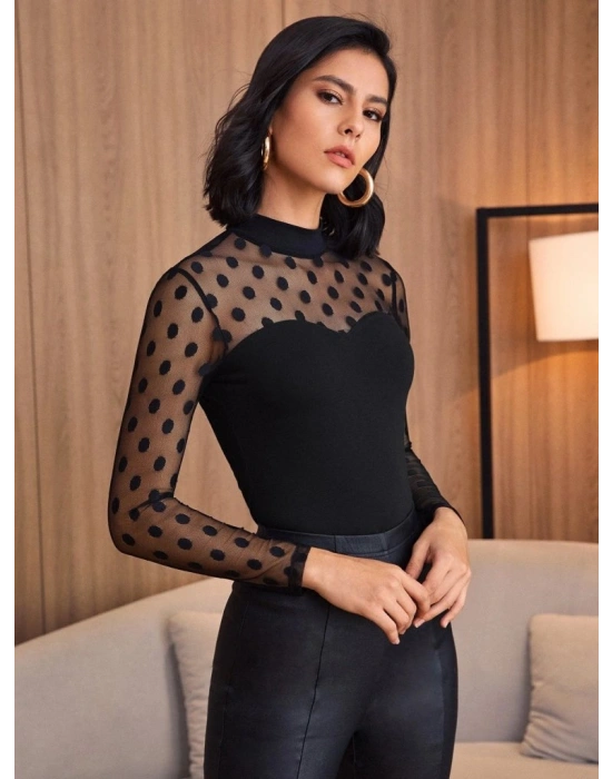 Kadın Uzun Kollu Yarı Balıkçı Yakalı Tül Detaylı Dalgıç Bluz