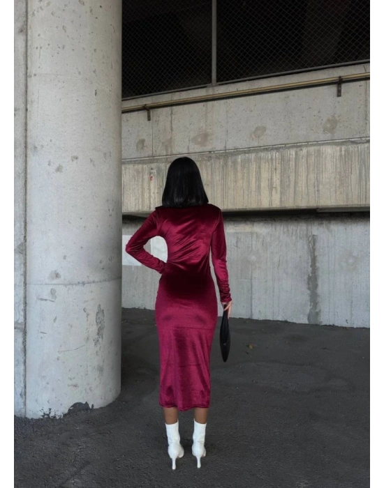 Kadın Uzun Kollu Yarım Balıkçı Yaka Büzgü Detay Kadife Kumaş Elbise