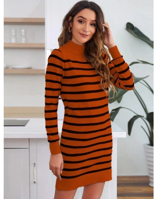 Kadın Uzun Kollu Yarım Balıkçı Yaka çizgilitriko Mini Boy Elbise (kemersiz)