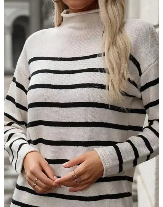 Kadın Uzun Kollu Yarım Balıkçı Yaka çizgilitriko Mini Boy Elbise (kemersiz)