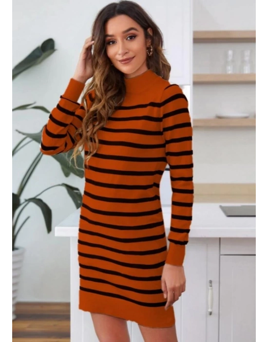Kadın Uzun Kollu Yarım Balıkçı Yaka çizgilitriko Mini Boy Elbise (kemersiz)