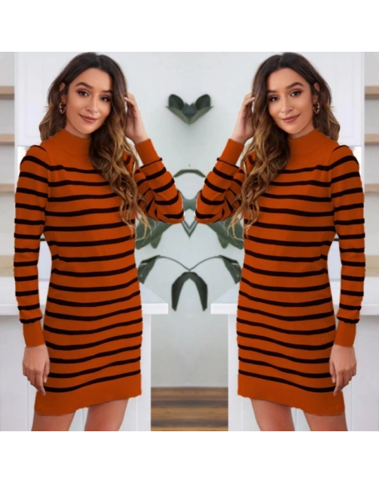Kadın Uzun Kollu Yarım Balıkçı Yaka çizgilitriko Mini Boy Elbise (kemersiz)
