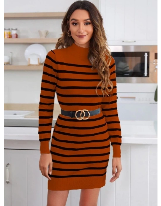 Kadın Uzun Kollu Yarım Balıkçı Yaka çizgilitriko Mini Boy Elbise (kemersiz)