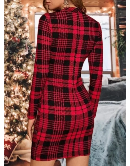 Kadın Uzun Kollu Yarım Balıkçı Yaka Ekose Desen Mini Dalgıç Elbise