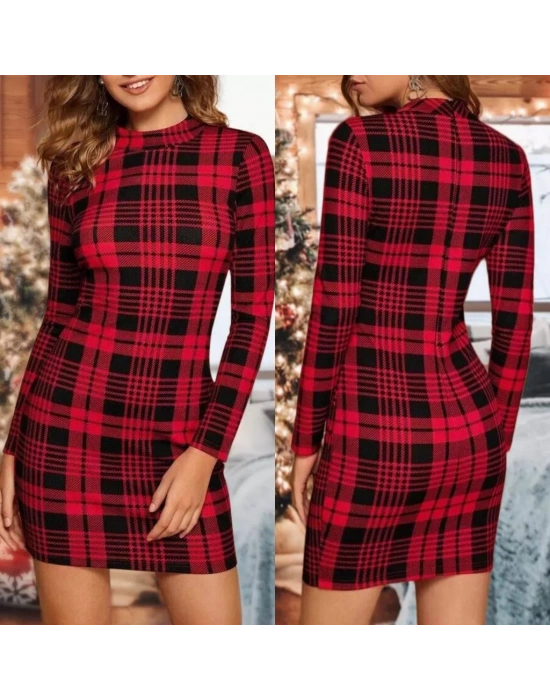 Kadın Uzun Kollu Yarım Balıkçı Yaka Ekose Desen Mini Dalgıç Elbise