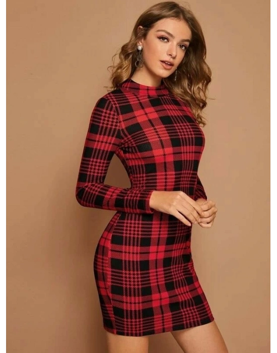 Kadın Uzun Kollu Yarım Balıkçı Yaka Ekose Desen Mini Dalgıç Elbise