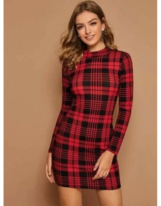Kadın Uzun Kollu Yarım Balıkçı Yaka Ekose Desen Mini Dalgıç Elbise