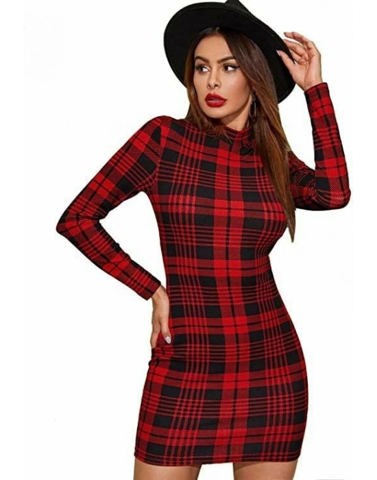 Kadın Uzun Kollu Yarım Balıkçı Yaka Ekose Desen Mini Dalgıç Elbise