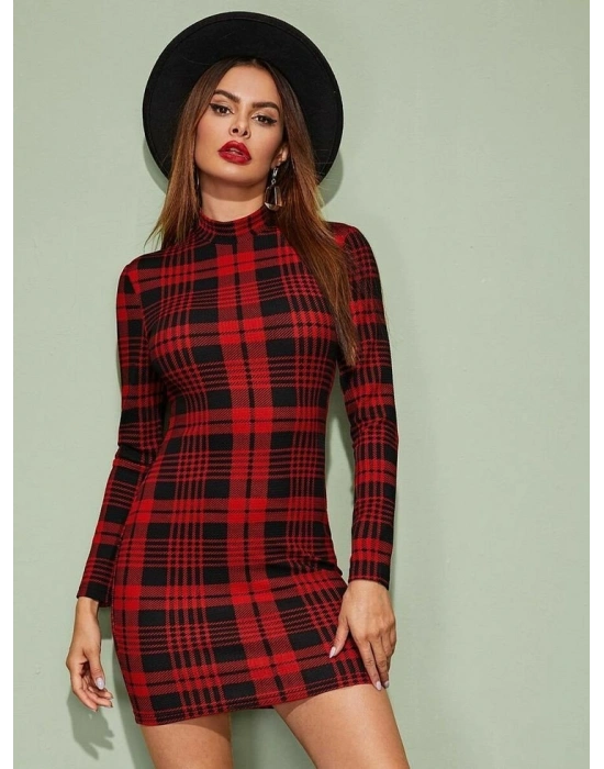 Kadın Uzun Kollu Yarım Balıkçı Yaka Ekose Desen Mini Dalgıç Elbise