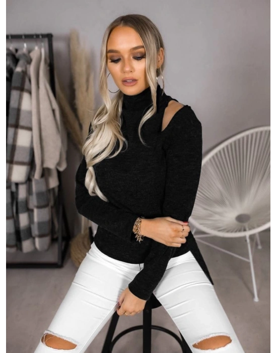 Kadın Uzun Kollu Yarım Balıkçı Yaka Omuzları Açık Bir Tarafı Yırtmaçlı Yumoş Bluz