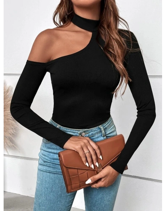 Kadın Uzun Kollu Yarım Balıkçı Yaka Omuzu Açık Kaşkorse Bluz