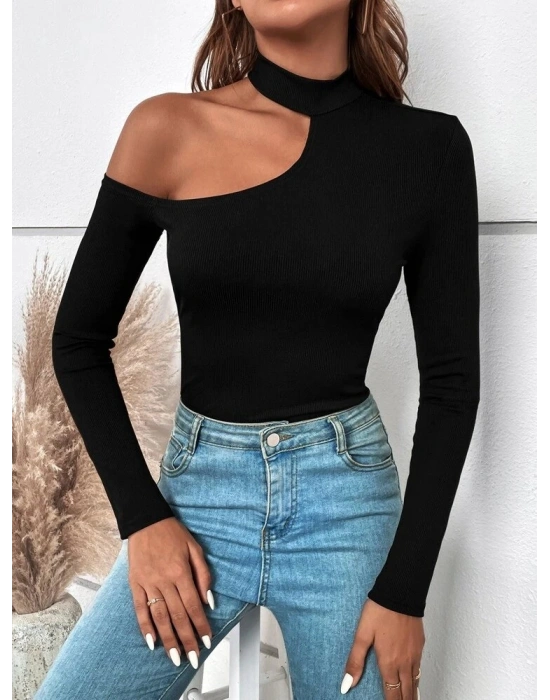 Kadın Uzun Kollu Yarım Balıkçı Yaka Omuzu Açık Kaşkorse Bluz