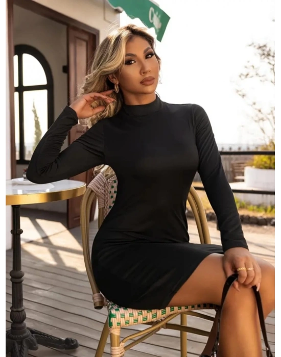 Kadın Uzun Kollu Yarım Balıkçı Yaka Viskon Elbise  5 Lİ