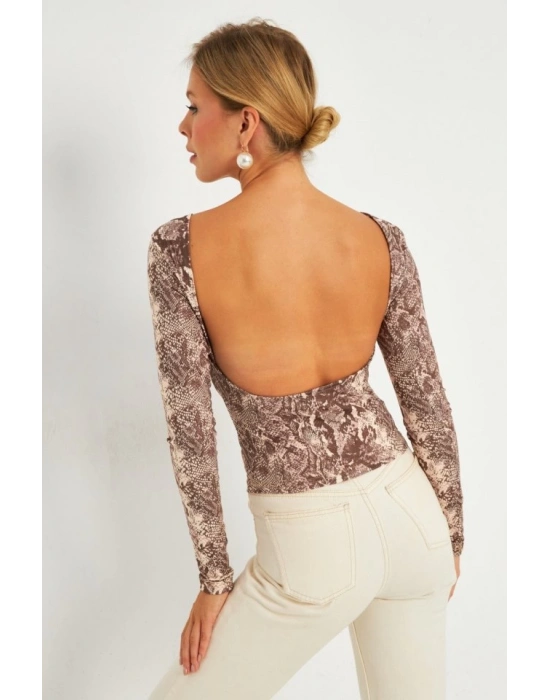 Kadın Uzun Kollu Yılan Full Sırt Dekolteli Krep Kumaş Bluz
