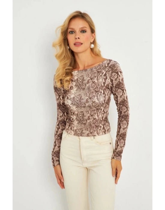 Kadın Uzun Kollu Yılan Full Sırt Dekolteli Krep Kumaş Bluz