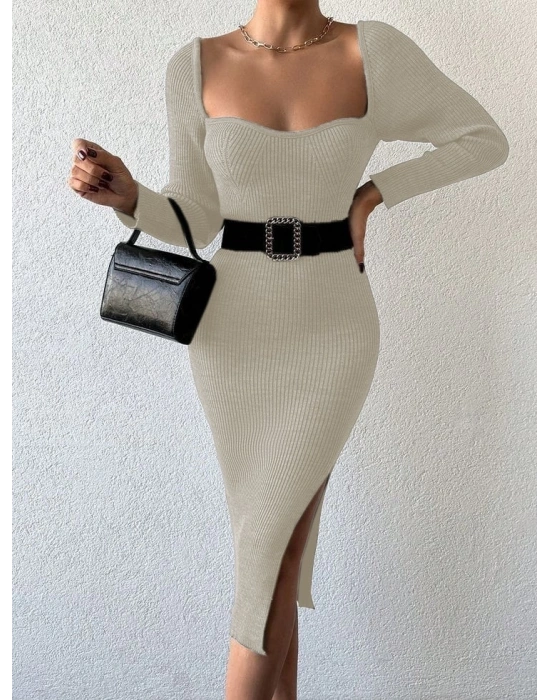 Kadın Uzun Kollu Yırtmaç Detay Triko Elbise