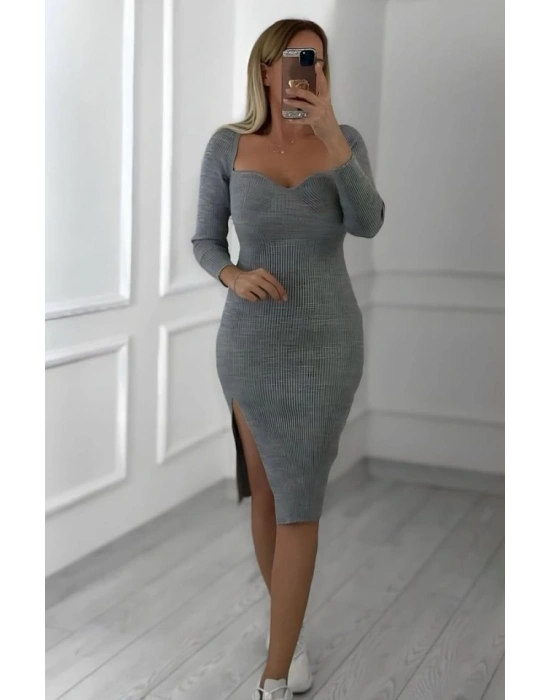 Kadın Uzun Kollu Yırtmaç Detay Triko Elbise