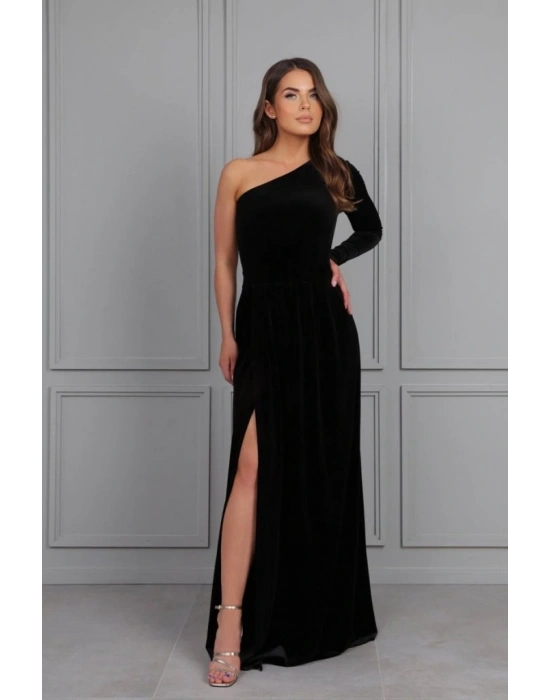 Kadın Uzun Kollu Yırtmaçlı önü Pile Detay Tek Kol Maxi Boy Kadife Elbise