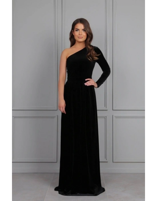 Kadın Uzun Kollu Yırtmaçlı önü Pile Detay Tek Kol Maxi Boy Kadife Elbise