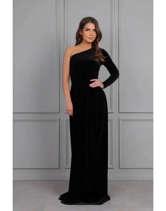 Kadın Uzun Kollu Yırtmaçlı önü Pile Detay Tek Kol Maxi Boy Kadife Elbise