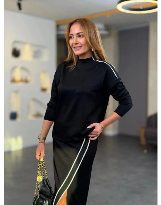 Kadın Uzun Kollu Yüksek Yakalı Yan şerit Detaylı Viskon Iki Iplik Bluz Ve Etek Ikili Takım