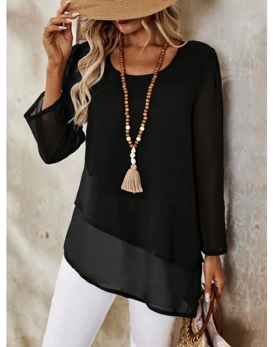 Kadın Uzun Kollu Yuvarlak Asimetrik Detaylı şifon Bluz