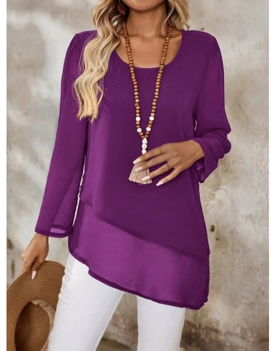 Kadın Uzun Kollu Yuvarlak Asimetrik Detaylı şifon Bluz
