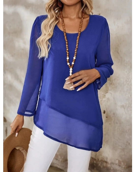 Kadın Uzun Kollu Yuvarlak Asimetrik Detaylı şifon Bluz