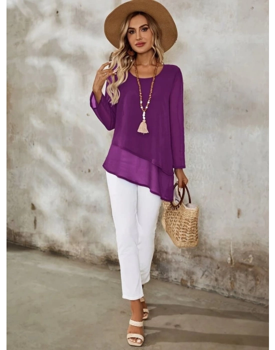 Kadın Uzun Kollu Yuvarlak Asimetrik Detaylı şifon Bluz