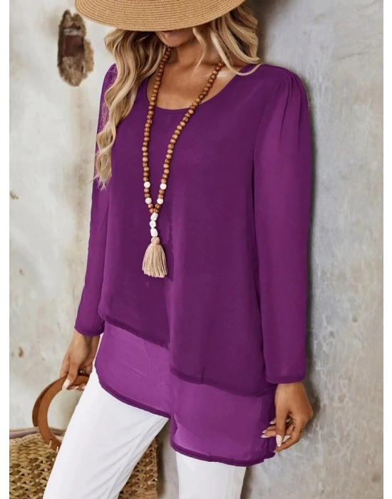 Kadın Uzun Kollu Yuvarlak Asimetrik Detaylı şifon Bluz