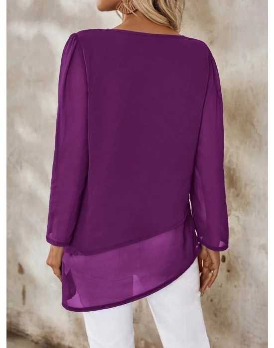 Kadın Uzun Kollu Yuvarlak Asimetrik Detaylı şifon Bluz