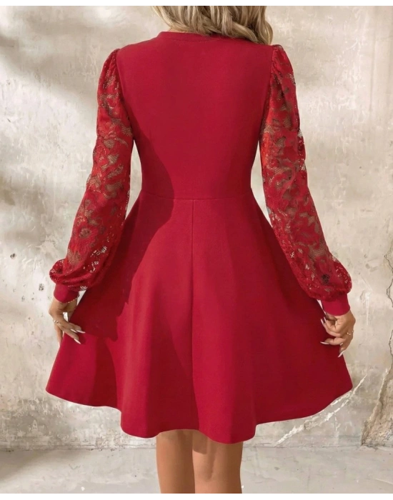 Kadın Uzun Kollu Yuvarlak Damla Detaylı Kolları Tül Detaylı Kısa Ithal Krep Elbise