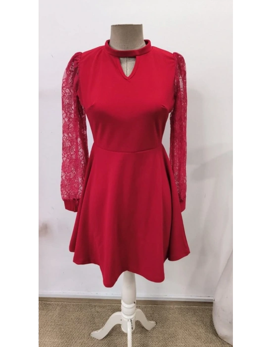 Kadın Uzun Kollu Yuvarlak Damla Detaylı Kolları Tül Detaylı Kısa Ithal Krep Elbise