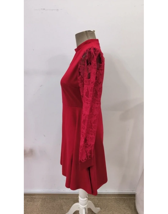 Kadın Uzun Kollu Yuvarlak Damla Detaylı Kolları Tül Detaylı Kısa Ithal Krep Elbise