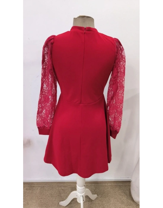 Kadın Uzun Kollu Yuvarlak Damla Detaylı Kolları Tül Detaylı Kısa Ithal Krep Elbise