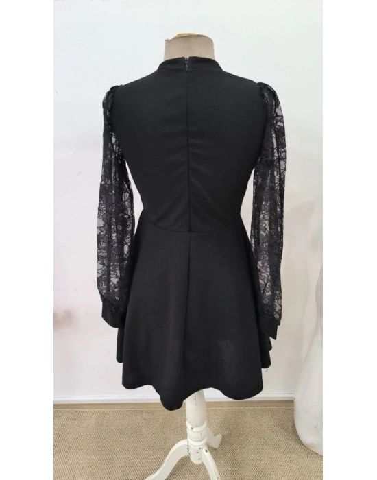 Kadın Uzun Kollu Yuvarlak Damla Detaylı Kolları Tül Detaylı Kısa Ithal Krep Elbise