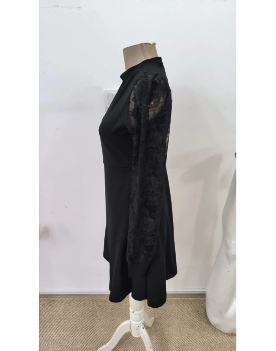 Kadın Uzun Kollu Yuvarlak Damla Detaylı Kolları Tül Detaylı Kısa Ithal Krep Elbise