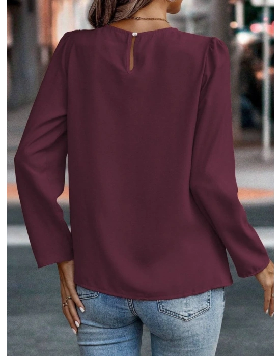Kadın Uzun Kollu Yuvarlak önden Pileli Ithal Krep Bluz