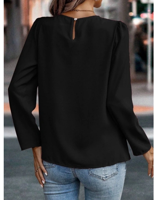 Kadın Uzun Kollu Yuvarlak önden Pileli Ithal Krep Bluz