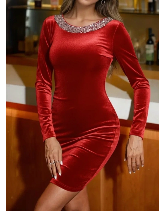 Kadın Uzun Kollu Yuvarlak Pulpayet Yaka Ve Sırt Detaylı Mini Kadife Elbise