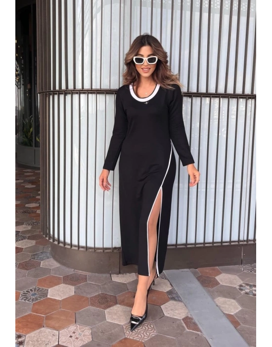 Kadın Uzun Kollu Yuvarlak Ribana Yaka Yırtmaçlı Uzun Viskon Iki Iplik Elbise