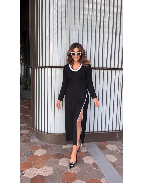 Kadın Uzun Kollu Yuvarlak Ribana Yaka Yırtmaçlı Uzun Viskon Iki Iplik Elbise