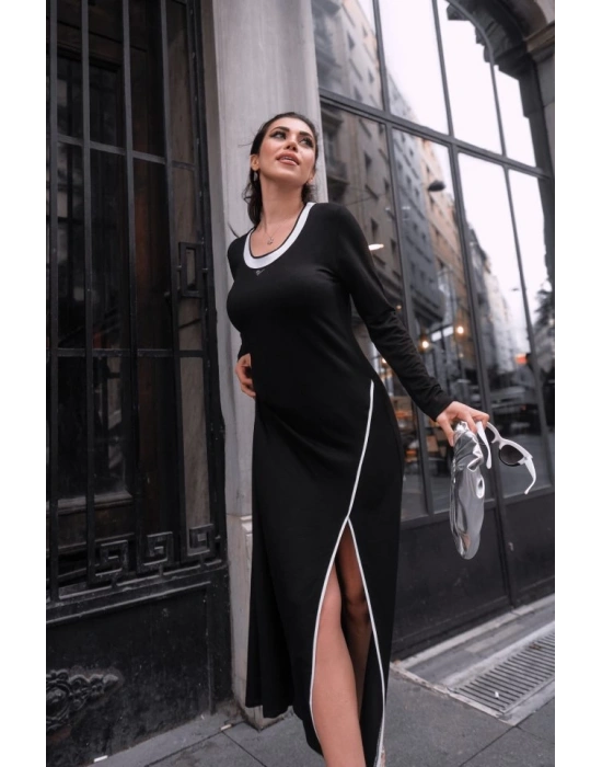 Kadın Uzun Kollu Yuvarlak Ribana Yaka Yırtmaçlı Uzun Viskon Iki Iplik Elbise