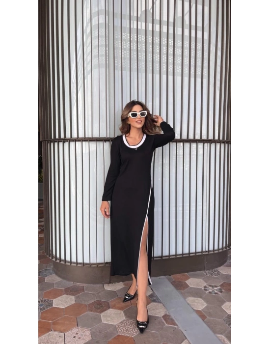 Kadın Uzun Kollu Yuvarlak Ribana Yaka Yırtmaçlı Uzun Viskon Iki Iplik Elbise